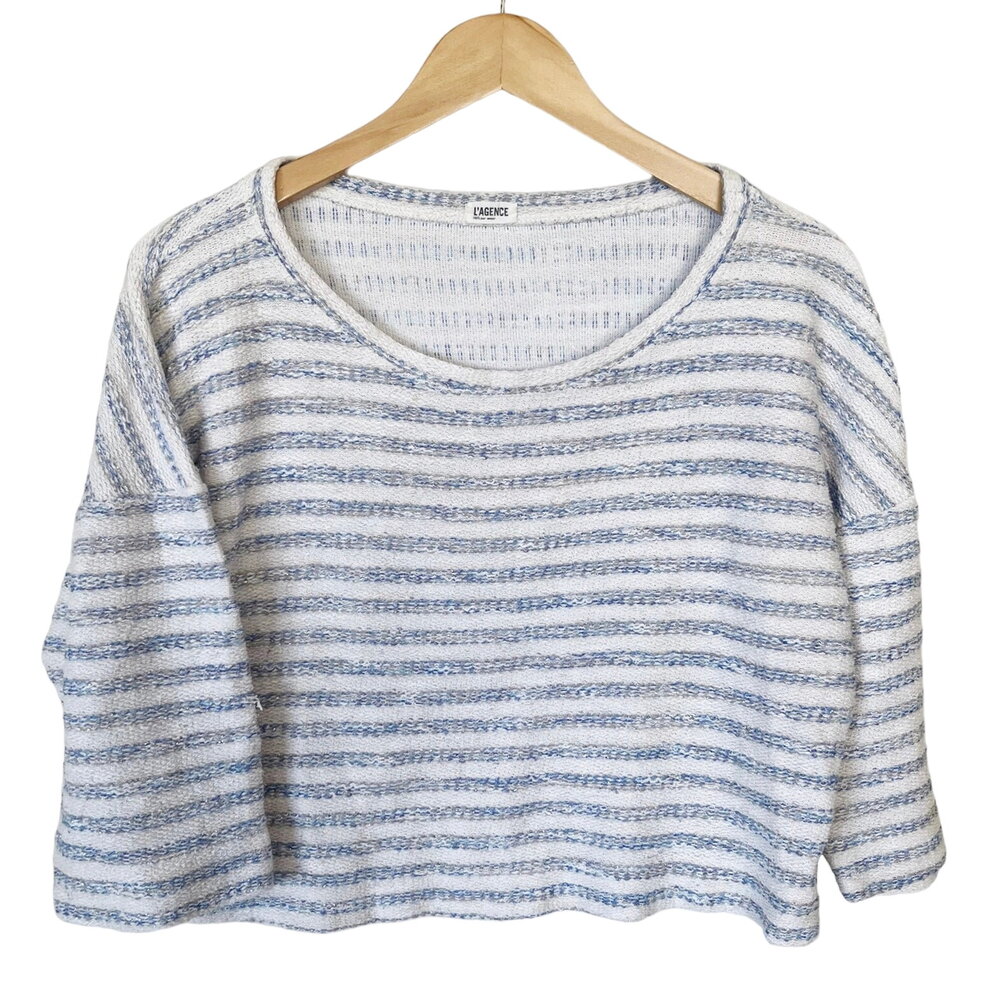 L'AGENCE Crop Knit Sweater Blue Stripe Silver Thread Half Sleeve Cotton Medium